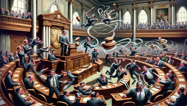A whimsical depiction of a chaotic legislative chamber, with the Speaker of the House at the center, gavel in hand, amidst a frenzied dance of lawmakers, symbolized by a merry-go-round and yo-yos to represent political cycles and instability.