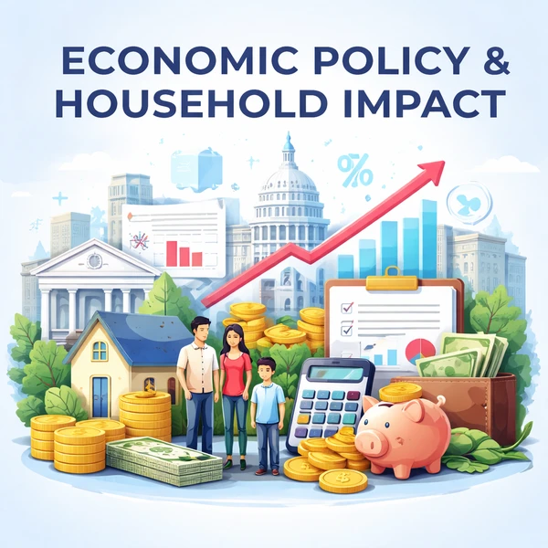 Illustration showing how economic policy influences household finances, including income, savings, housing, and long-term financial stability.