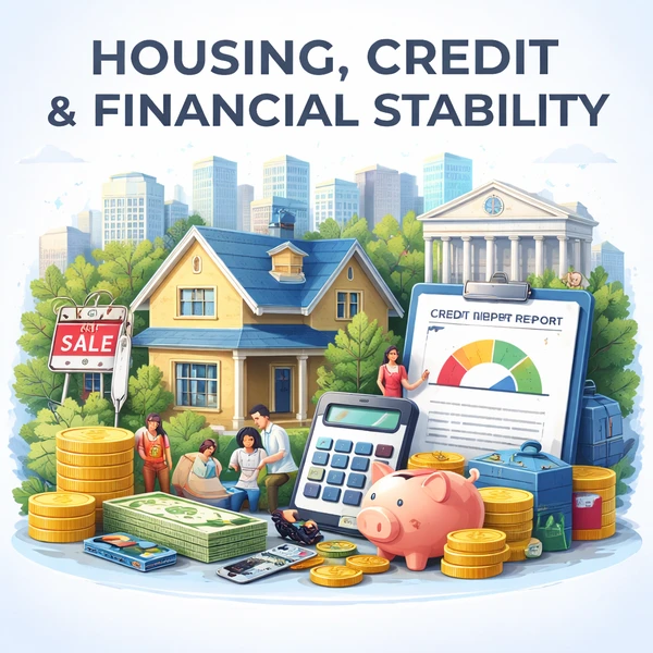 Illustration showing how housing markets, credit access, and financial systems influence household stability and economic security.