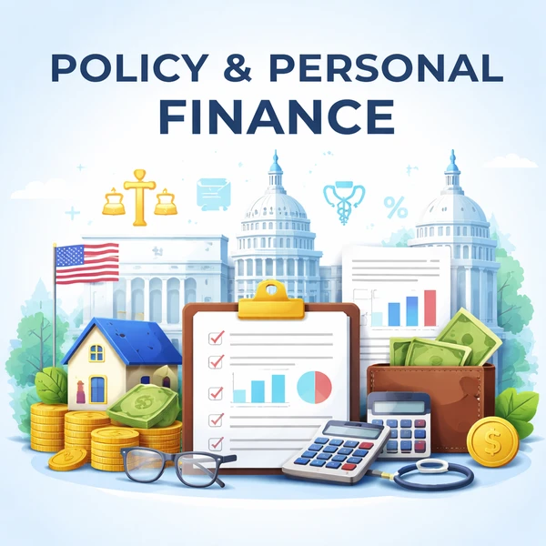 Illustration showing financial documents, housing, currency, and government buildings representing the relationship between public policy and household financial decision-making.