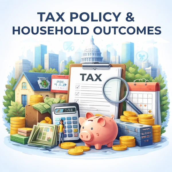 Illustration showing how tax policy affects household finances, including savings, income, housing, and long-term financial stability.
