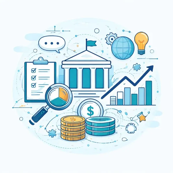 Illustration showing government buildings, financial charts, coins, a magnifying glass, and global icons representing how public policy influences economic and financial systems.