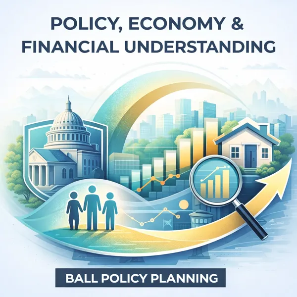 Modern illustration showing interconnected policy, economy, and financial systems using abstract pathways and data elements, representing Ball Policy Planning’s focus on neutral economic analysis.