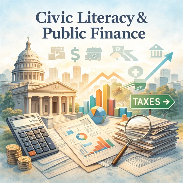 Illustration showing public institutions, financial documents, and economic symbols representing how civic systems and public finance operate in practice.