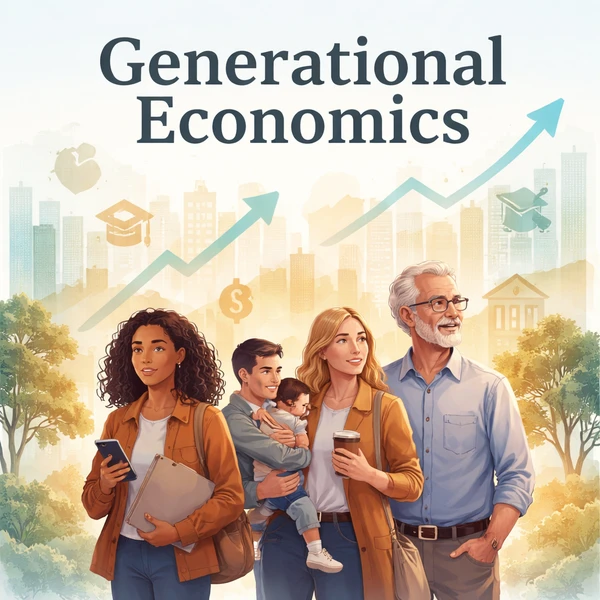 Illustration of people from different generations standing together with economic symbols and a rising graph, representing how public policy shapes financial outcomes over time.