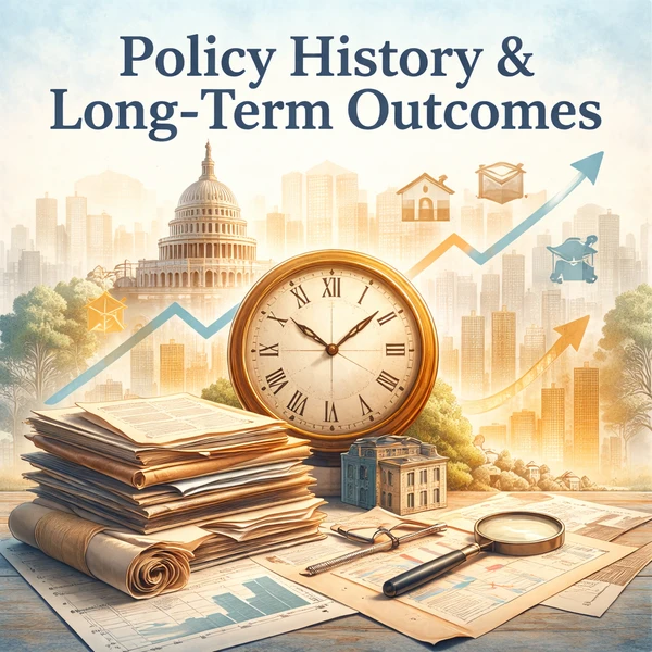 Illustration showing historical documents, a clock, and economic symbols representing how past policy decisions shape long-term economic outcomes.